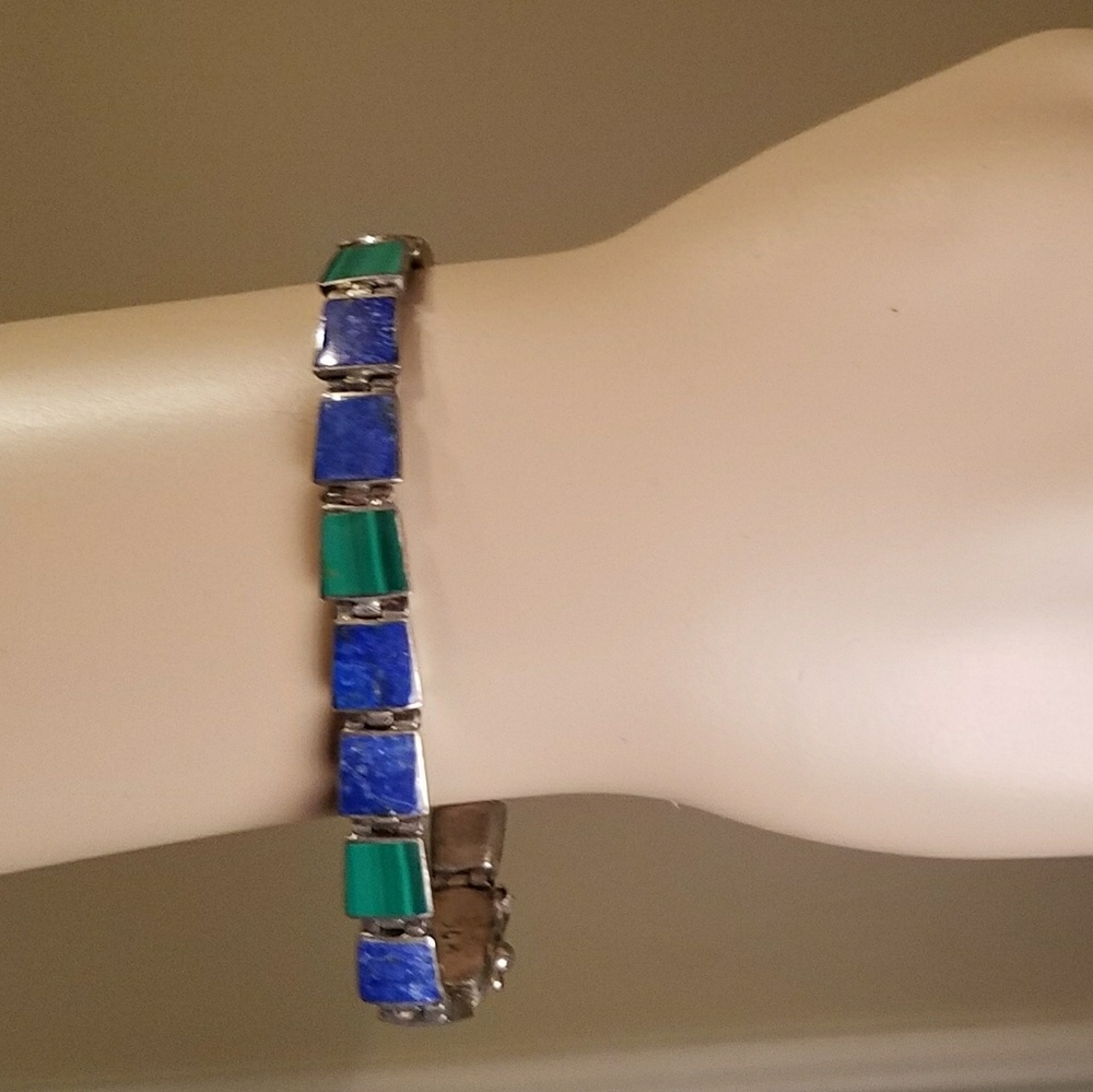 Lapis/Malachite silver link bracelet.